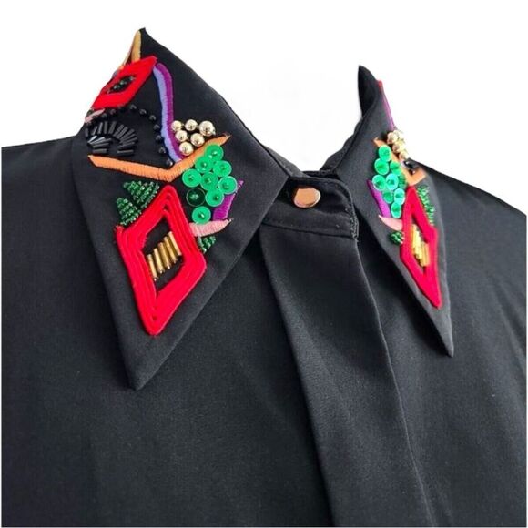 Vintage 80s Yves Saint Clair Black Button Down Embroidered Collar Sequins  10P - Picture 3 of 14